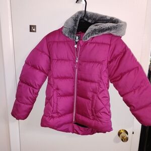 Rothschild Magenta Puffer Jacket with Gray Faux Fur Hood